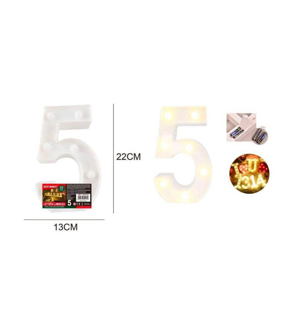 Numero 5 Luminoso Con Luci Led A Batteria Decorazioni Per La Casa Dim. 22 Cm         