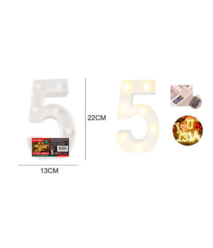 Numero 5 Luminoso Con Luci Led A Batteria Decorazioni Per La Casa Dim. 22 Cm         