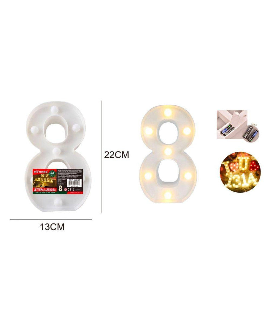 Numero 8 Luminoso Con Luci Led A Batteria Decorazioni Per La Casa Dim. 22 Cm         
