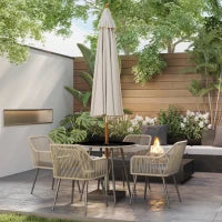 Set da Giardino 5 Pezzi in Rattan e Acciaio con 4 Sedie da Esterno e Tavolo Rotondo con Foro, Marrone e Grigio