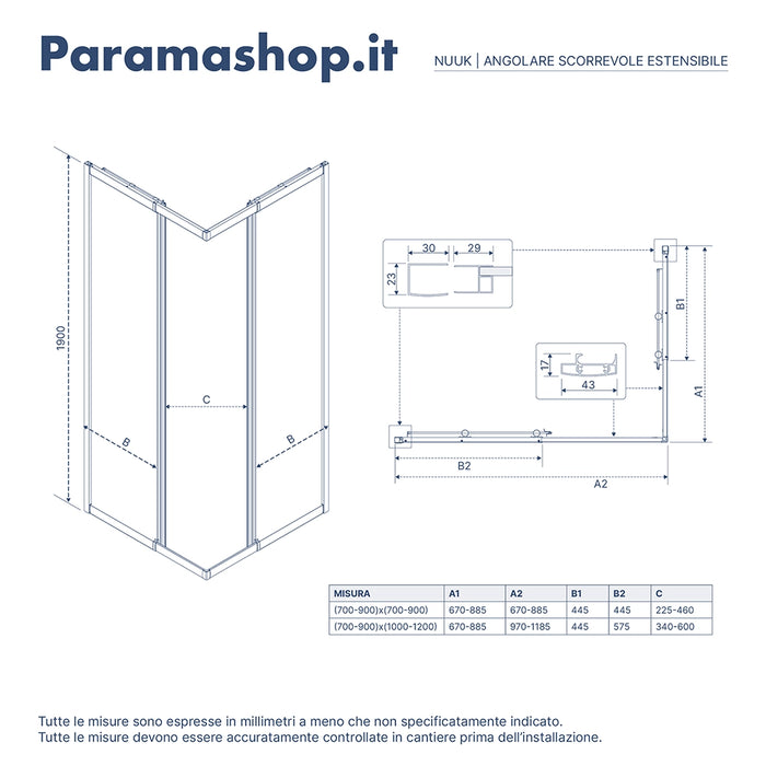Box doccia estensibile 70-90x100-120 cm vetro 6mm trasparente con profili in alluminio anodizzato |Nuuk