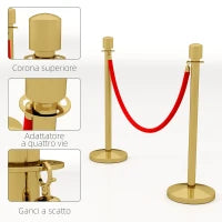 Colonnine Segnapercorso in Acciaio Inox Oro con Corda Vellutata Rossa di 1.5 m e Base Riempibile,, Ø32x96 cm