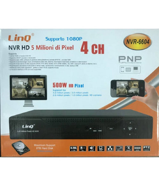 Nvr 4ch Canali Registratore Rec&live Full Hd 1080p Wifi H.264 H.265 P2p Nvr-6604         
