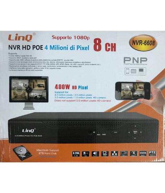 Nvr Poe 8 Ch Canali Rec & Live Full Hd 1080p Wifi H.264 H.265 P2p 4mp Nvr-6608         