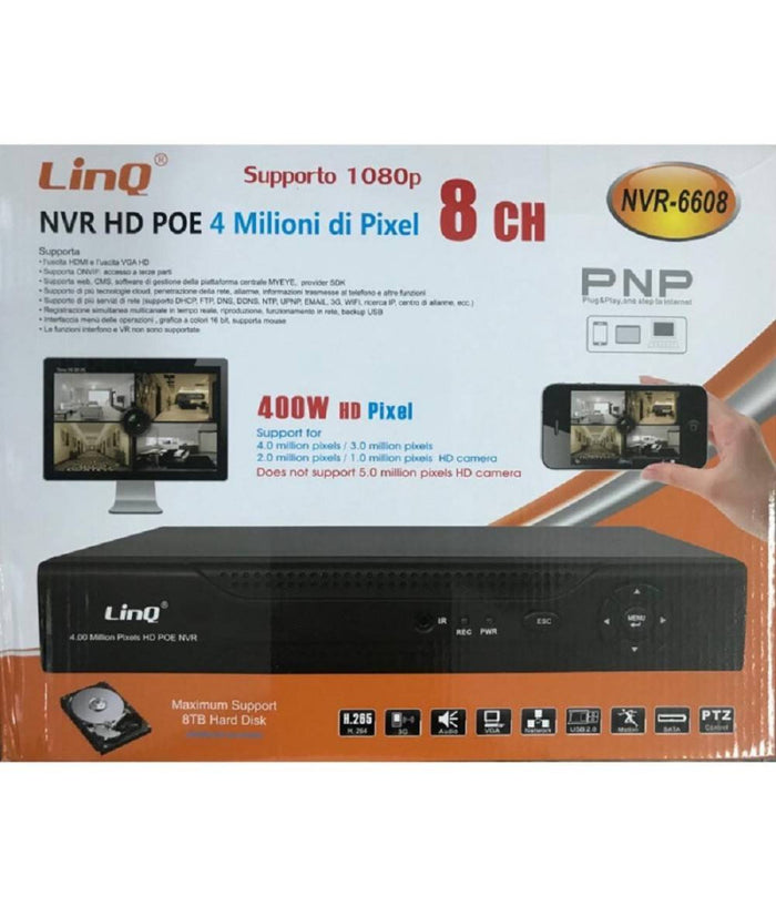 Nvr Poe 8 Ch Canali Rec & Live Full Hd 1080p Wifi H.264 H.265 P2p 4mp Nvr-6608         