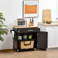 Carrello da Cucina Multiuso con Cassetto, Ruote, Portaspezie e Armadietto, Mobiletto Cucina con Ripiano Regolabile, Portasciugamani e Piano in Legno di Caucciù, 109x40x89 cm, Nero