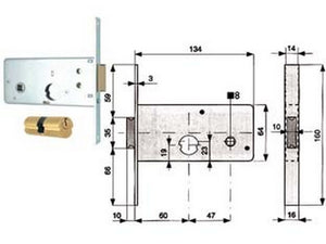 serratura infilare fasce catenaccio 2 mandate scrocco mm.64 h 805 mm.60 cod:ferx.fer52139