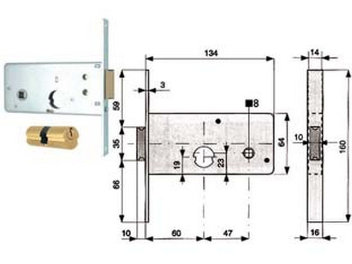 serratura infilare fasce catenaccio 2 mandate scrocco mm.64 h 805 mm.60 cod:ferx.fer52139