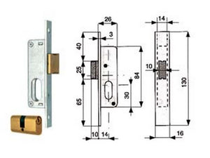 serratura da infilare per montanti solo scrocco con cilindro 904 - mm.14 (904.14.1) cod:ferx.fer52610