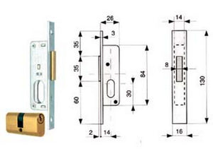 serratura da infilare per montanti solo catenaccio con cilindro 906 - mm.14 (906.14.1) cod:ferx.fer53150