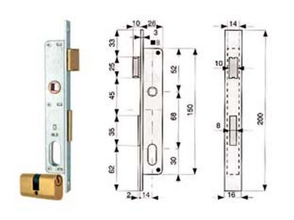 serratura infilare per montanti catenaccio e scrocco con cilindro 911 - mm.14 (911.14.1) cod:ferx.fer53358