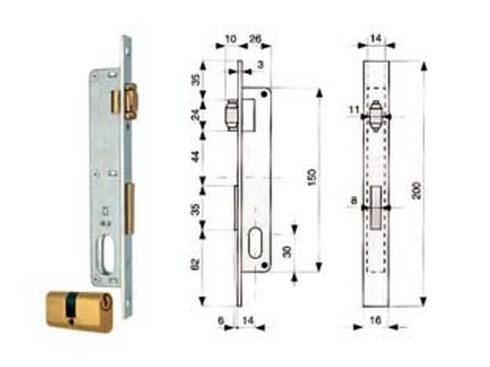 serratura da infilare per montanti catenaccio e rullo con cilindro 913 - mm.14 (913.14.1) cod:ferx.fer53402