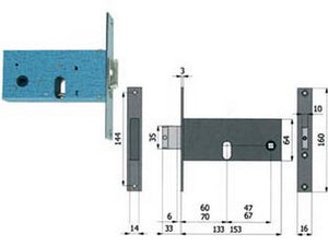 serratura da infilare per fasce catenaccio e scrocco mm.64 h - mm.60 interasse mm.47 (380) cod:ferx.fer110433