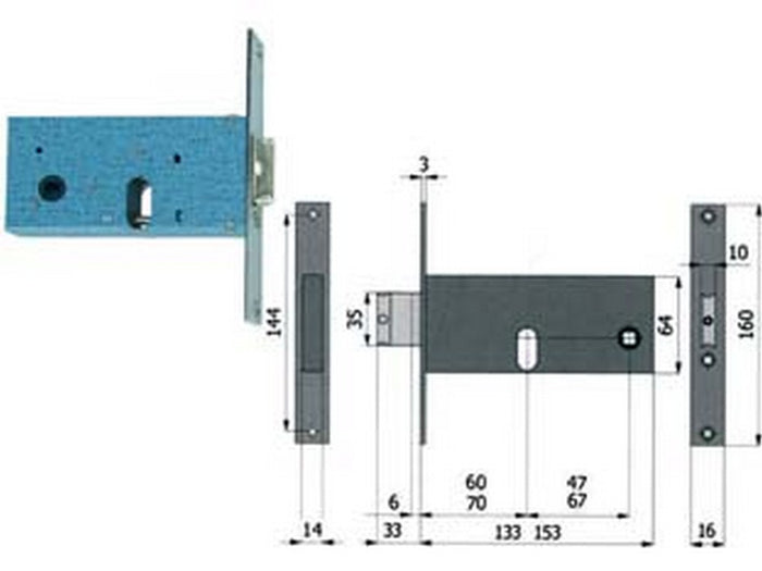 serratura da infilare per fasce catenaccio e scrocco mm.64 h - mm.60 interasse mm.47 (380) cod:ferx.fer110433