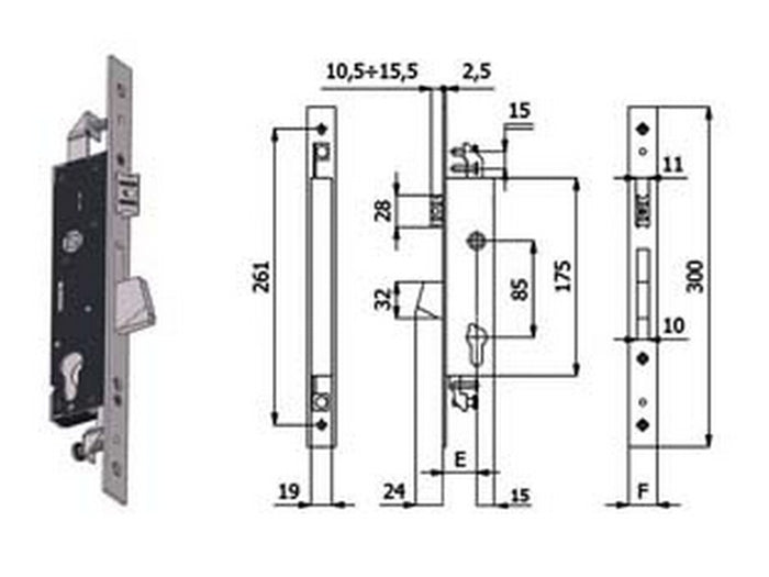 seserratura triplice infilare per montanti catenaccio e scrocco 1410 - mm.25 interasse mm.85 (1410.25.25) cod:ferx.fer112420