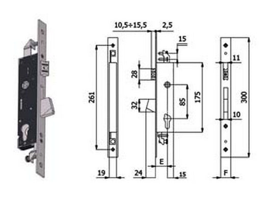 seserratura triplice infilare per montanti catenaccio e scrocco 1410 - mm.35 interasse mm.85 (1410.35.35) cod:ferx.fer112338