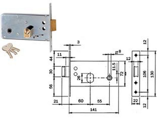 serratura da infilare per fasce catenaccio e scrocco mm.72 h 725 - mm.60 (725600) cod:ferx.fer171694