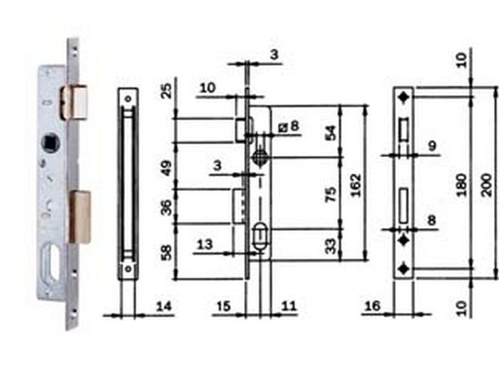 serratura da infilare per montanti catenaccio e scrocco 750 - mm.15 (7501510) cod:ferx.fer171755