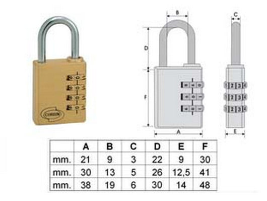 lucchetto ad arco a combinazione pl020 - mm.38 a 4 combinatori (pl0204100) cod:ferx.fer171991