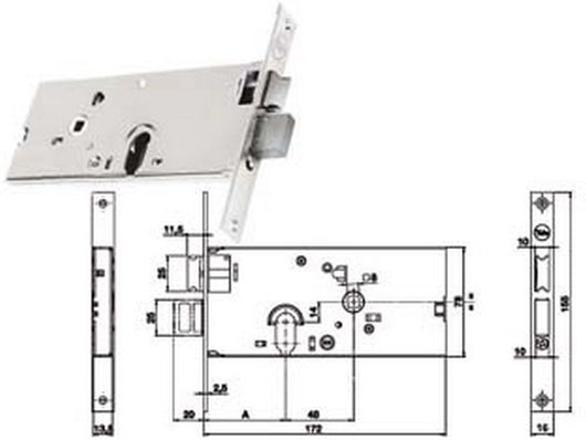 serratura da infilare per fasce catenaccio e scrocco mm.78 h 86000 - mm.58 a 2 mandate (y8600058080) cod:ferx.fer172394