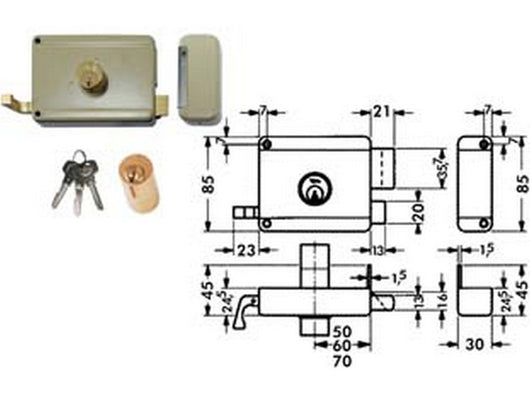 serratura da portoncino catenaccio e scrocco doppio cilindro fisso 6300 - mm.60 dx (y63000601) cod:ferx.fer189286