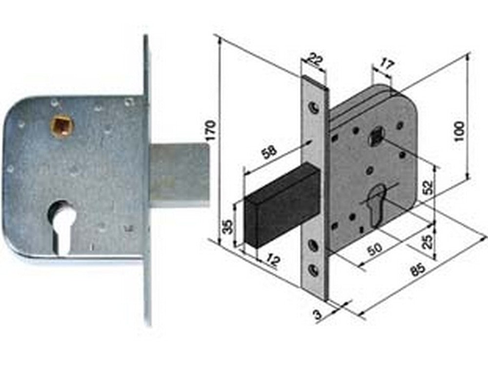 serratura da infilare per cancelli con quadro catenaccio e scrocco 070 - mm.50 con catenaccio da mm.58 (07050000) cod:ferx.fer194907
