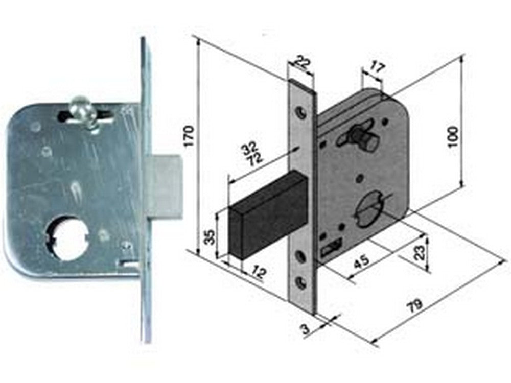 serratura da infilare per cancelli catenaccio e scrocco con nottolino 073 - mm.45 con catenaccio da mm.72 (07345400) cod:ferx.fer194945