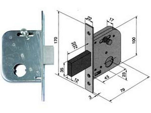 serratura da infilare per cancelli catenaccio e scrocco con nottolino 073 - mm.45 con catenaccio da mm.72 (07345400) cod:ferx.fer194945