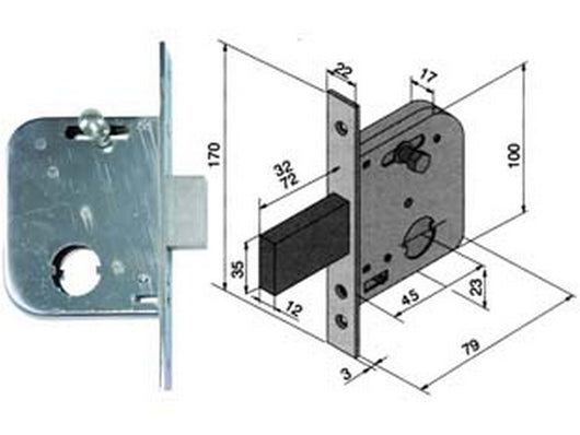 serratura da infilare per cancelli catenaccio e scrocco con nottolino 073 - mm.45 con catenaccio da mm.72 (07345400) cod:ferx.fer194945