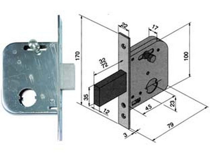 serratura da infilare per cancelli catenaccio e scrocco con nottolino 073 - mm.45 con catenaccio da mm.72 (07345400) cod:ferx.fer194945