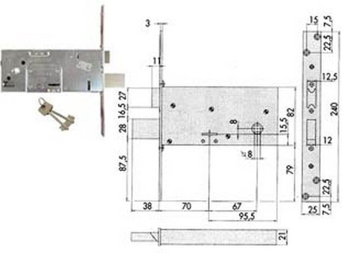 serratura da infilare per fasce doppia mappa mm.82 h 57313 - mm.70 (57313730) cod:ferx.fer201063