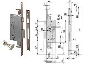 serratura triplice da infilare doppia mappa con scrocco 57215 - mm.50 (57215500) cod:ferx.fer201209