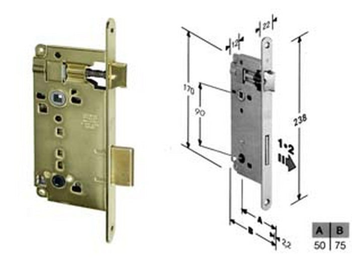 serratura a bussola infilare bordo tondo ott. con apertura emergenza - mm.50 bordo acc.ottonato vernic. (b.00595.50.03) cod:ferx.fer204040