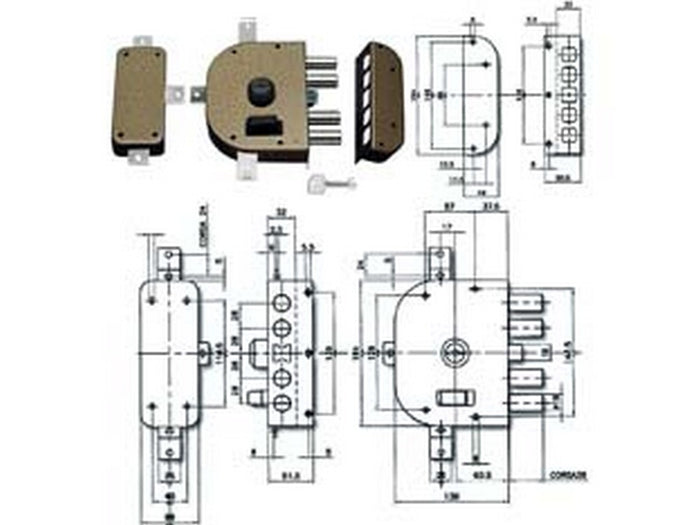 serratura quintuplice da applicare con scrocco a pompa 3350 - mm.60 dx (3350c-02) cod:ferx.fer214209
