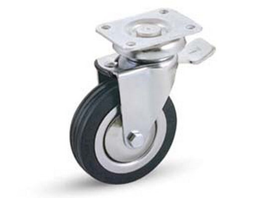 ruote a forcella in gomma con piastra girevole e freno "155bis" - ? mm.80x20 piastra mm.64x50 mm.115h. port. kg.70 cod:ferx.fer218603