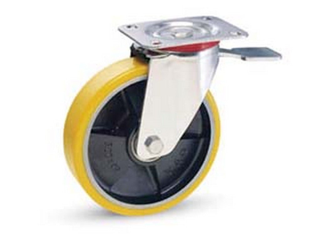 ruote industriali poliuret. nucleo ghisa e piastra girevole freno "24" - ? mm.100x25 piastra mm.100x85 - 128h. p. kg.120 cod:ferx.fer219143