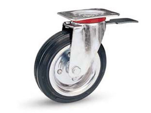 ruote industriali in gomma con piastra girevole e freno "80bis" - ? mm.200x50 piastra mm.140x110 - 235h. p. kg.205 cod:ferx.fer219600