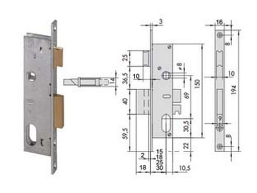 serratura da infilare per montanti catenaccio e scrocco 2 mandate 44225 - mm.25 (44225250) cod:ferx.fer244381
