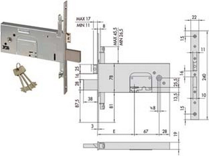 serratura triplice da infilare per fasce doppia mappa mm.78 h 57357 - mm.90 (57357900) cod:ferx.fer244534