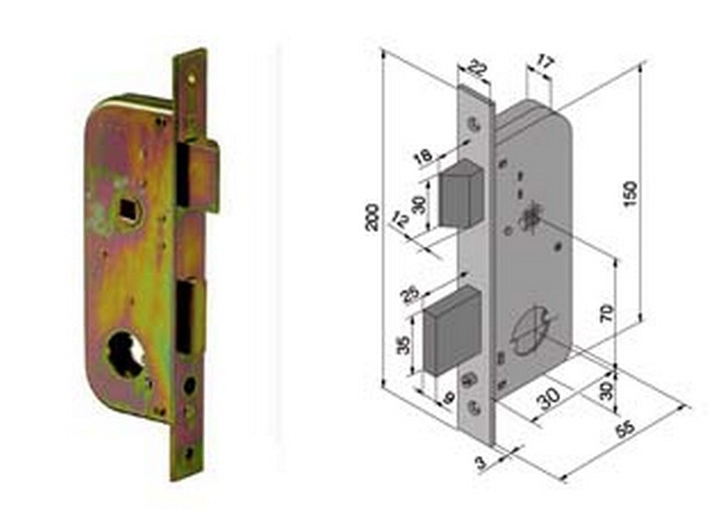 serratura da infilare per cancelli 2 mandate e scrocco cilindro sfilabile 067 - mm.30 con catenaccio mm.25 (06730000) cod:ferx.fer259361