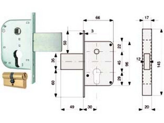 serratura infilare canc. solo scrocco disp. blocc.+ quadro cilindro sag cod:ferx.fer284004