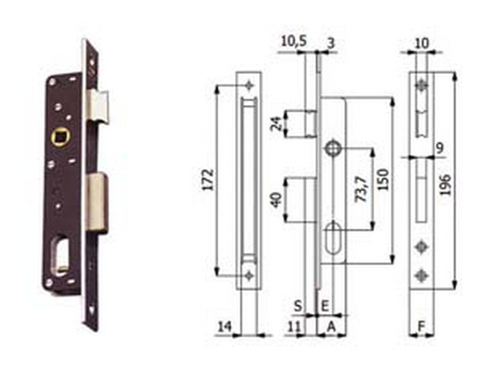 serrature da infilare per montanti catenaccio e scrocco 350 - mm.15 interasse mm.73.7 (350) cod:ferx.fer301725
