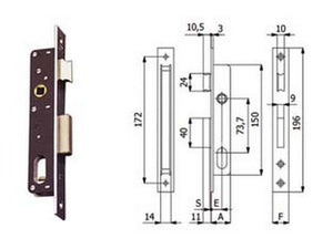 serrature da infilare per montanti catenaccio e scrocco 350 - mm.15 interasse mm.73.7 (350) cod:ferx.fer301725