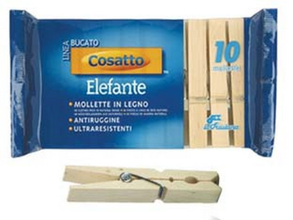 mollette elefante in legno naturale molla antiruggine cm.10 pz.10 cod:ferx.fer322300