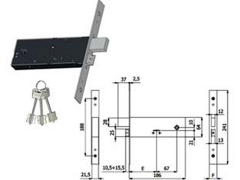 serratura da infilare per fasce doppia mappa cat. e scrocco mm.64 h 5940 - mm.90 interasse mm.67 (5940) cod:ferx.fer393997