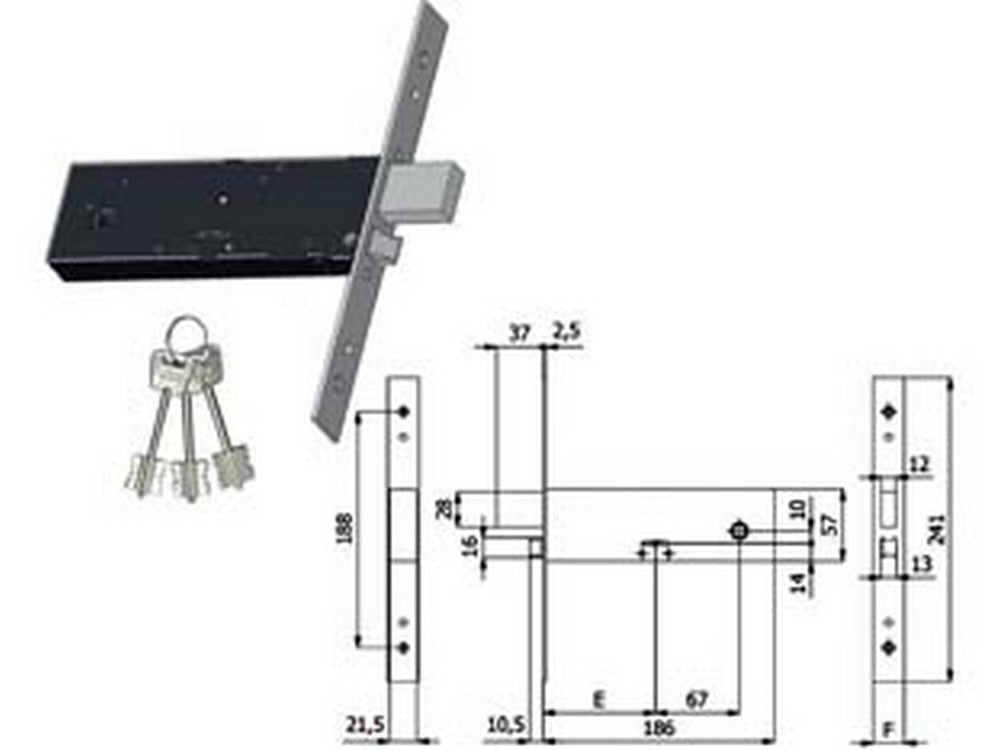 serratura da infilare per fasce doppia mappa cat. e scrocco mm.57 h 5950 - mm.90 interasse mm.67 (5950) cod:ferx.fer394000