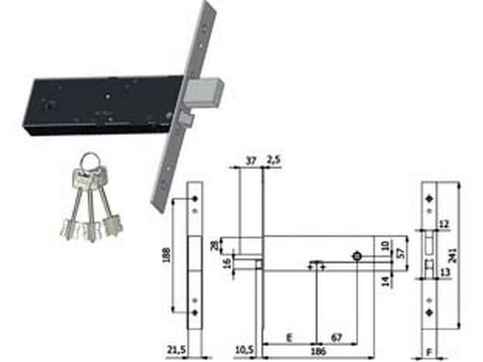 serratura da infilare per fasce doppia mappa cat. e scrocco mm.57 h 5950 - mm.90 interasse mm.67 (5950) cod:ferx.fer394000