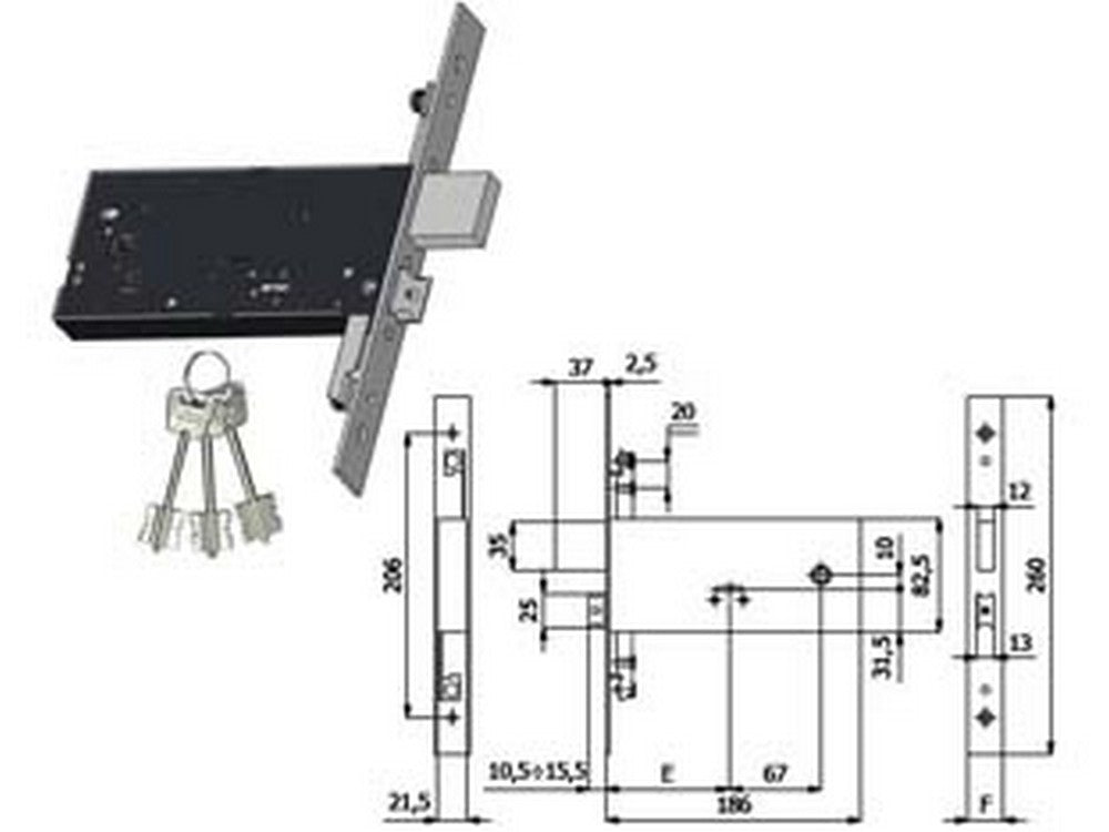 serratura triplice infilare fasce d/mappa cat. e scrocco mm.82,5 h 5960 - mm.90 interasse mm.67 (5960) cod:ferx.fer394017