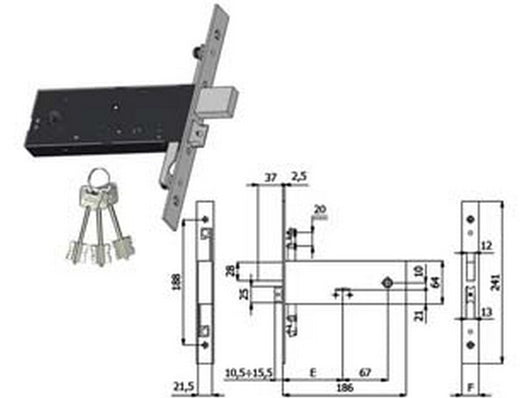 serratura triplice infilare per fasce d/mappa cat. e scrocco mm.64 h 5970 - mm.90 interasse mm.67 (5970) cod:ferx.fer394024