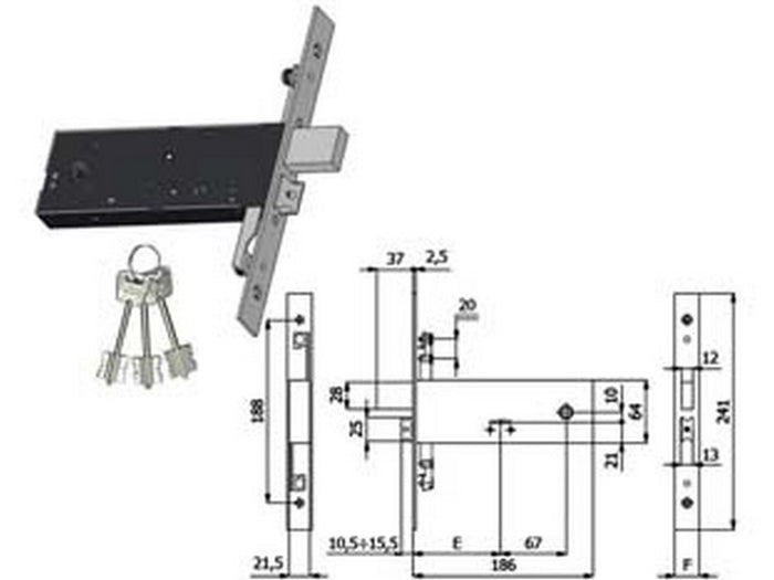serratura triplice infilare per fasce d/mappa cat. e scrocco mm.64 h 5970 - mm.90 interasse mm.67 (5970) cod:ferx.fer394024